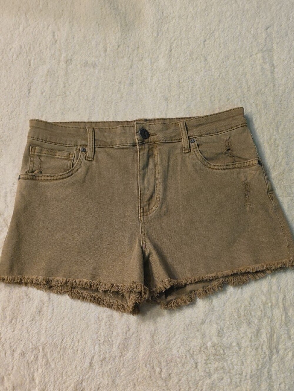 Kut from the Kloth Olive-Tan Frayed Hem Denim Shorts - Picture 7 of 14